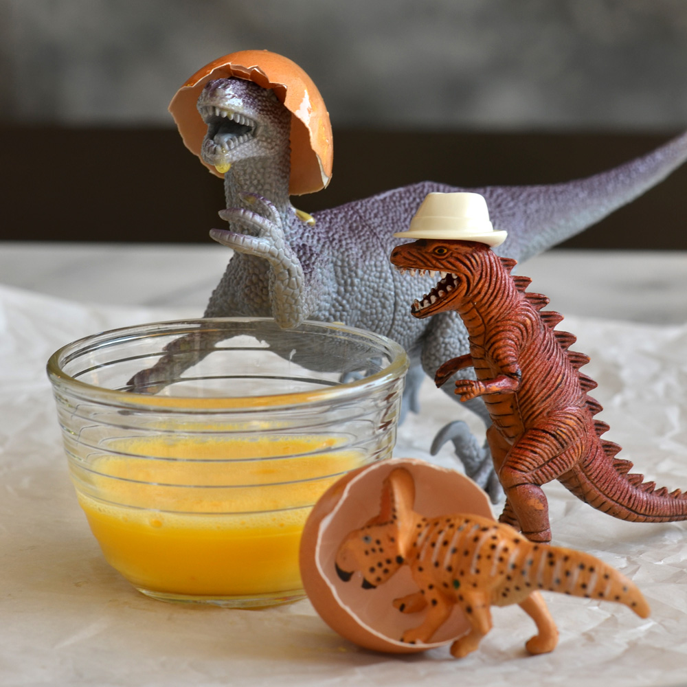 Dinosaurs playing with egg shells