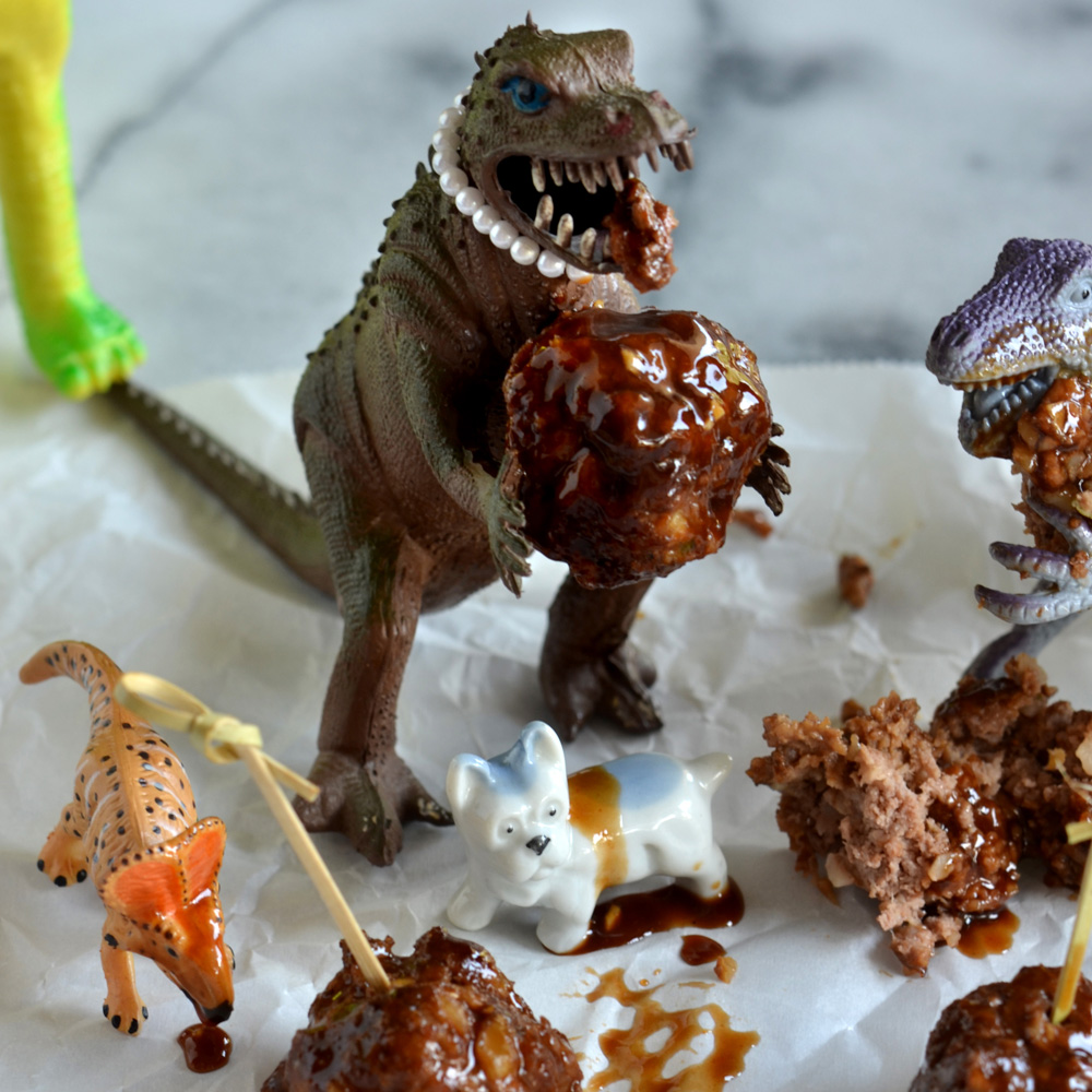 Vickie, Spike, Pickles, and Jamal eating Asian meatballs