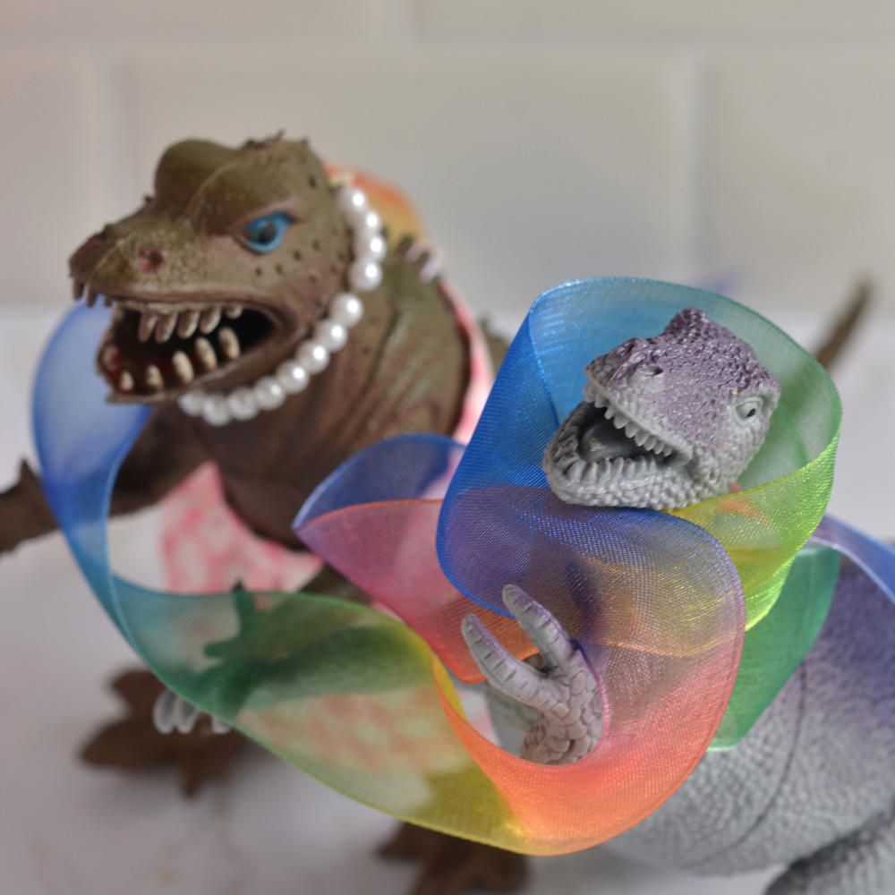 Vickie and Jamal wrapped in rainbow gauze ribbon