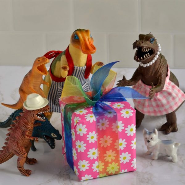 The dinosaurs gather to watch TJ open their wrapped birthday present